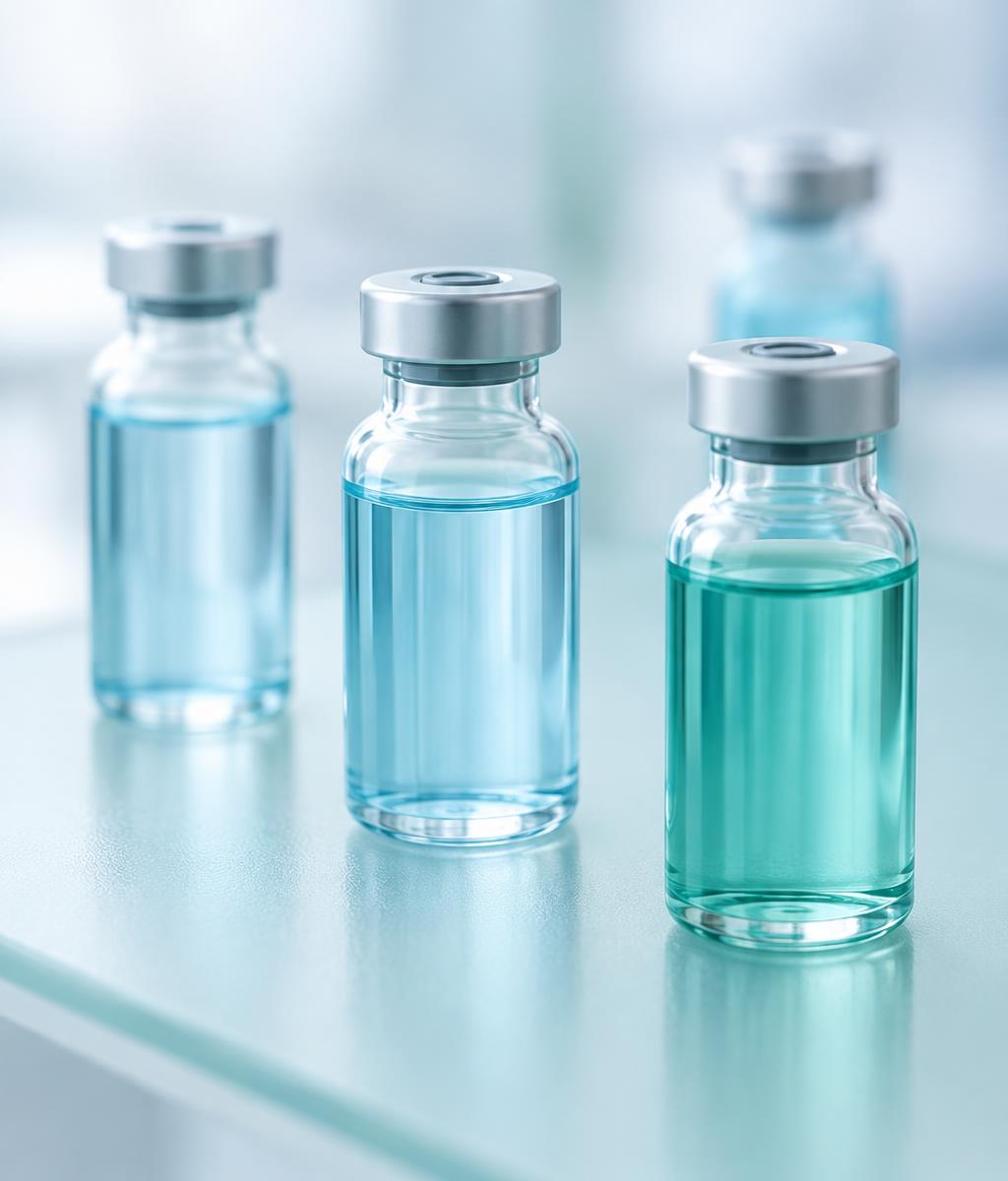 Translucent glass vials of pale blue and teal pharmaceutical liquid on frosted glass